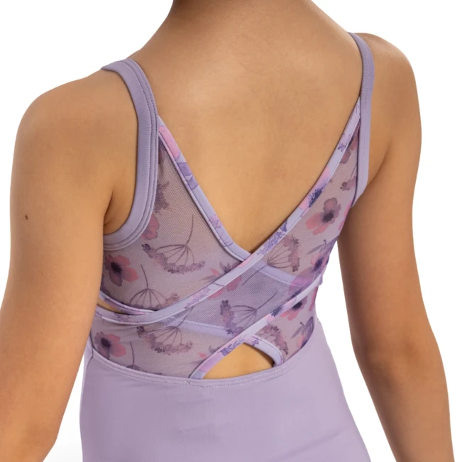 Bloch Lila Floral, Mädchen-Turnanzug mit dünnen Trägern
