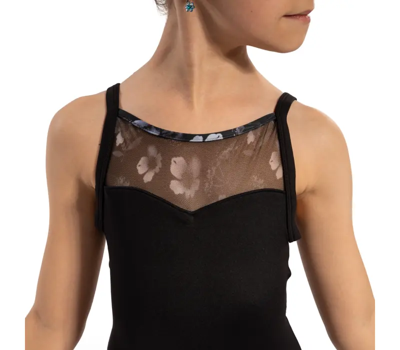 Bloch Lila Floral, Mädchen-Trikot mit dünnen Trägern - Schwarz