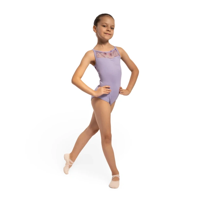 Bloch Lila Floral, Mädchen-Turnanzug mit dünnen Trägern