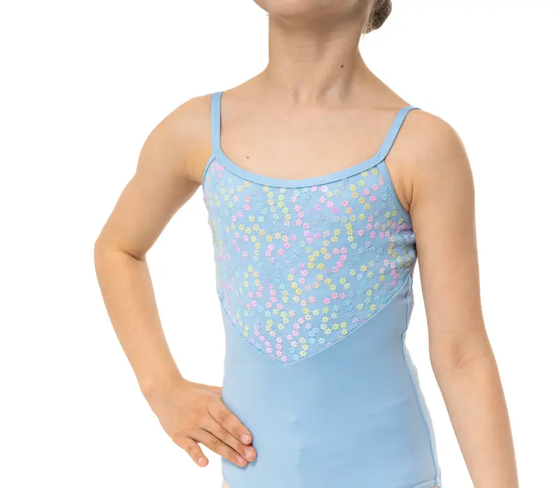 Capezio Lake Leotard, geblümtes Mädchen-Trikot mit dünnen Trägern – Hellblau Capezio
