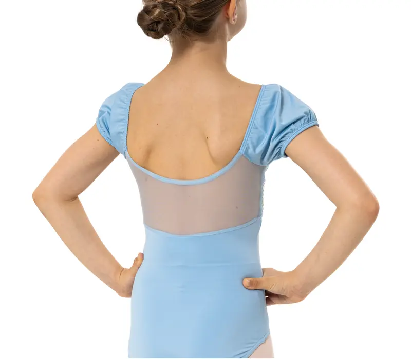 Capezio Lotus Trikot, geblümter Mädchen-Body mit kurzen Ärmeln - Hellblau Capezio