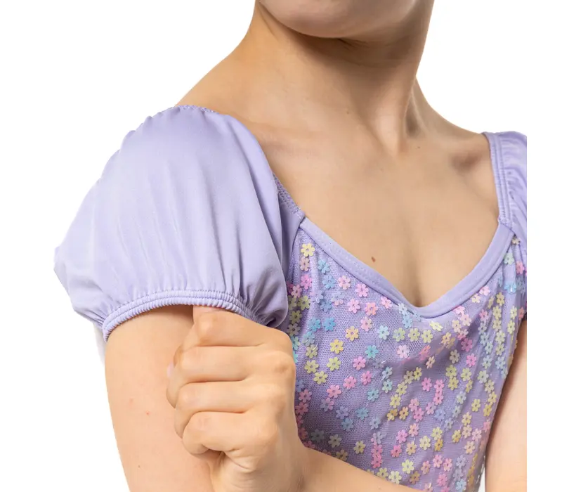 Capezio Lotus Trikot, geblümter Mädchen-Body mit kurzem Ärmel - Violett - lavender