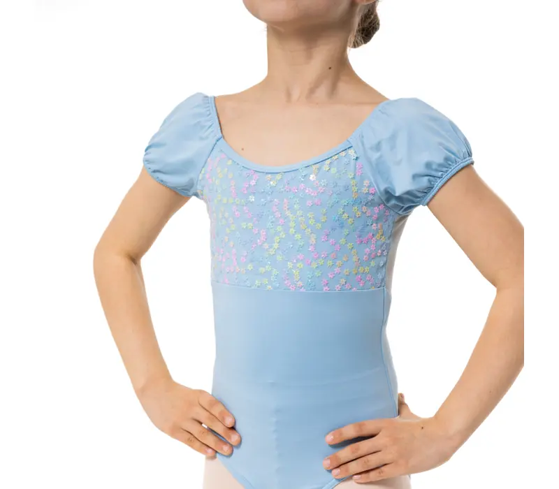 Capezio Lotus Trikot, geblümter Mädchen-Body mit kurzen Ärmeln - Hellblau Capezio